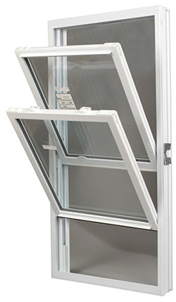 A white-framed double-hung window is partially open, with the top sash tilted inward suggesting functionality.