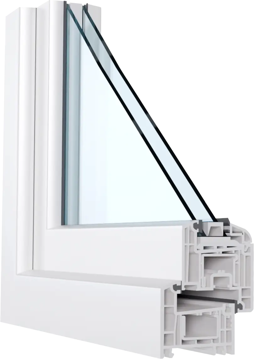 Window Close-up of a white window frame section, showcasing the double-glazed glass panels and intricate plastic molding.